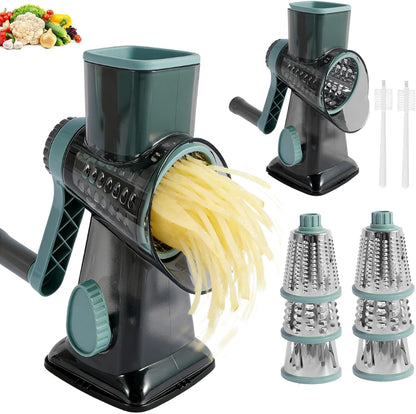 Rotary Cheese Grater with Handle, Shredder Slicer Grinder 3 Stainless Steel Blades Manual Cheese Cutter Hand Crank Graters for Kitchen Potato Zucchini Carrot Potato Vegetable Nuts Chocolate