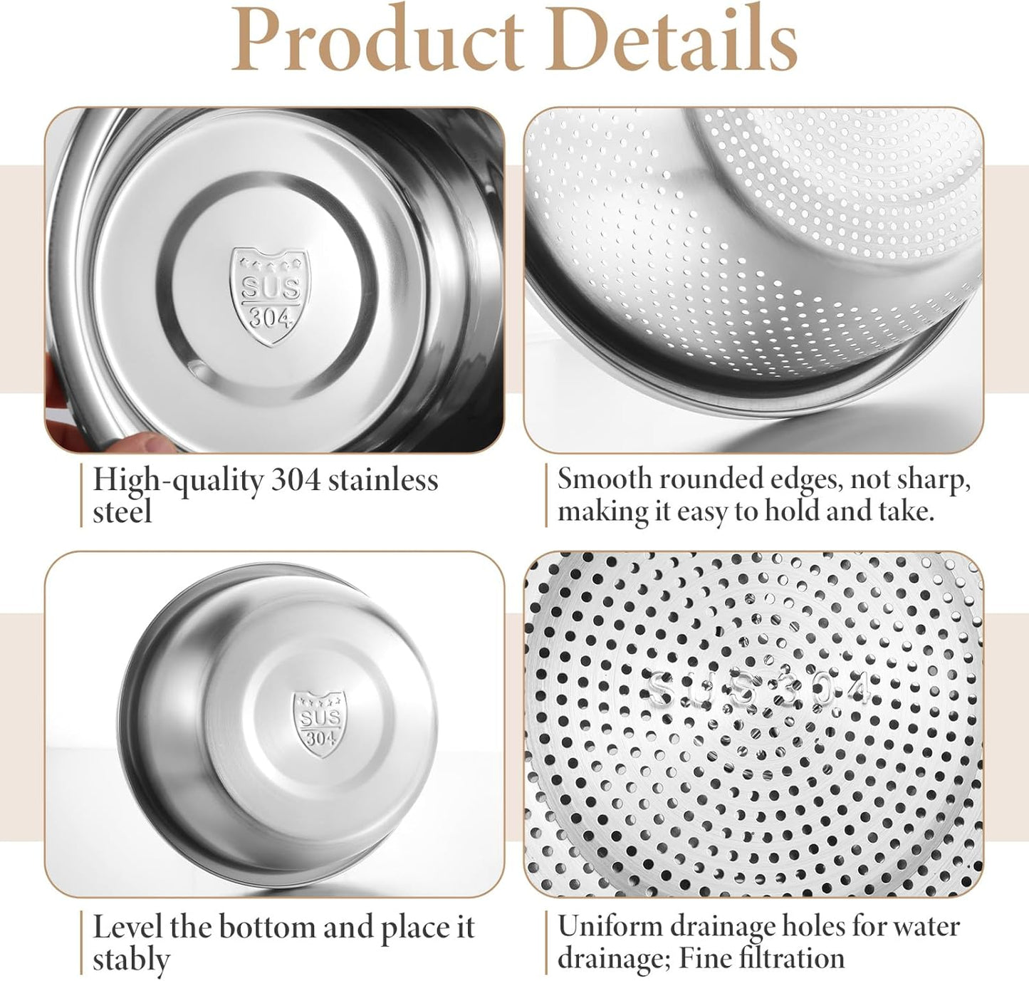 304 Stainless Steel Colander 3.5QT Microporous Colander and Large Bowl, Rice-Strainer with Salad Mixing Bowl Rice Washer Strainer Bowls for Washing Vegetables, Fruit and Rice, Dishwasher Safe(2PCS)