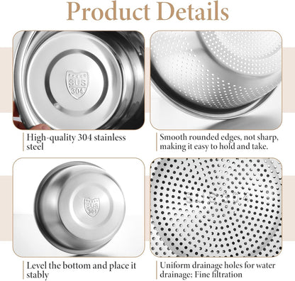 304 Stainless Steel Colander 3.5QT Microporous Colander and Large Bowl, Rice-Strainer with Salad Mixing Bowl Rice Washer Strainer Bowls for Washing Vegetables, Fruit and Rice, Dishwasher Safe(2PCS)