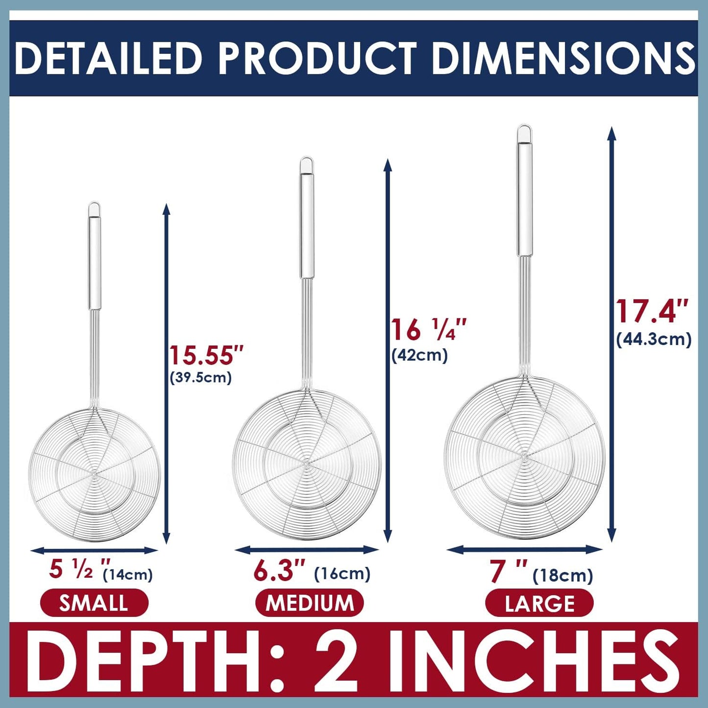 KEISSCO Stainless Steel Spider Strainer Skimmer Spoon For Frying and Cooking - Set of 3 Solid Wire Asian Strainer Ladle Pasta Strainer with Long Handle, Professional Kitchen Skimmer Ladle