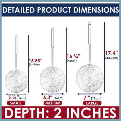 KEISSCO Stainless Steel Spider Strainer Skimmer Spoon For Frying and Cooking - Set of 3 Solid Wire Asian Strainer Ladle Pasta Strainer with Long Handle, Professional Kitchen Skimmer Ladle
