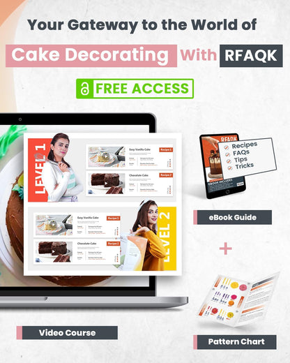 RFAQK 90PCs Cake Decorating Kit with Leveler, Baking Supplies Gift Includes Cake Stand Turntable, 24 Numbered Icing Tips, 55+1 Piping Bags, 2 Frosting Spatulas, 3 Scrappers, Video Course & Booklet