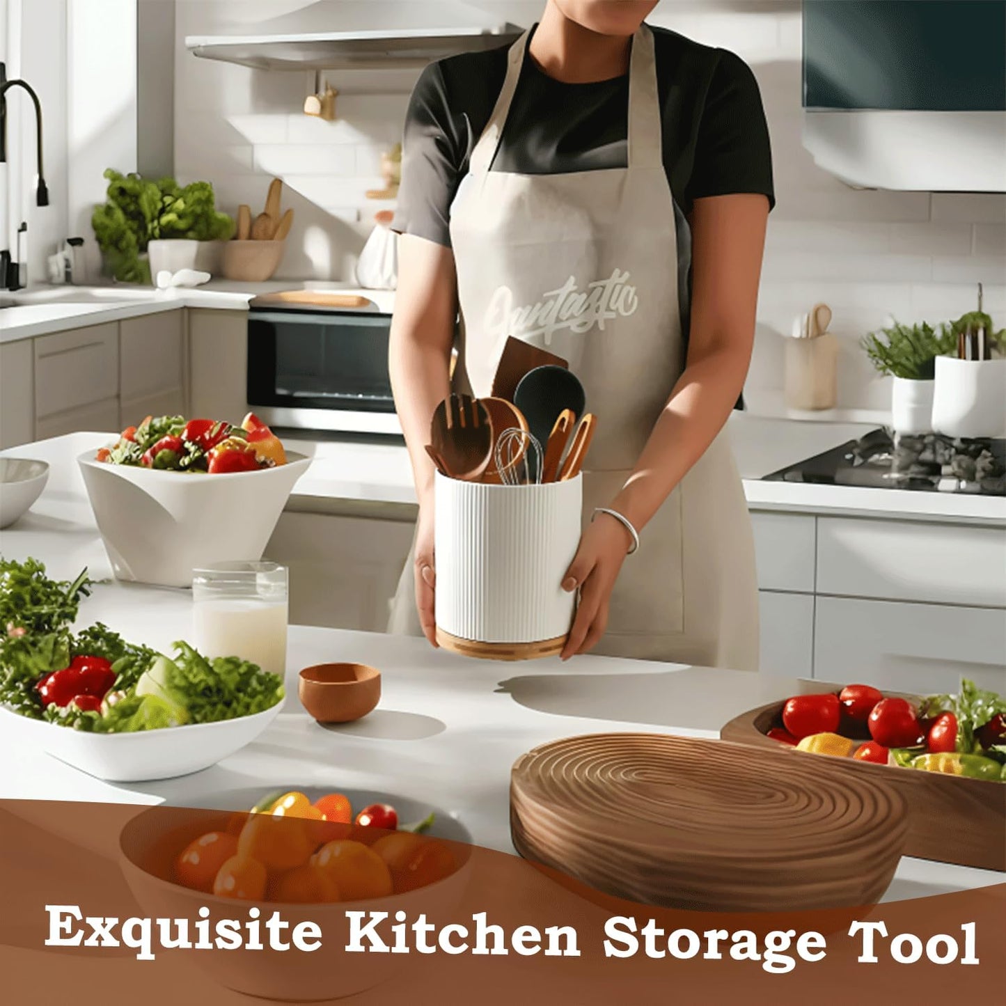 Utensil Holder, 360° Rotating Extra Large Ceramic Kitchen Utensil Holder for Countertop 7.3“ Cooking Utensil Crocks for Kitchen Counter with Rotatable Wooden Base, Farmhouse Decor, White