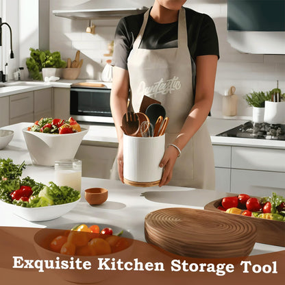 Utensil Holder, 360° Rotating Extra Large Ceramic Kitchen Utensil Holder for Countertop 7.3“ Cooking Utensil Crocks for Kitchen Counter with Rotatable Wooden Base, Farmhouse Decor, White