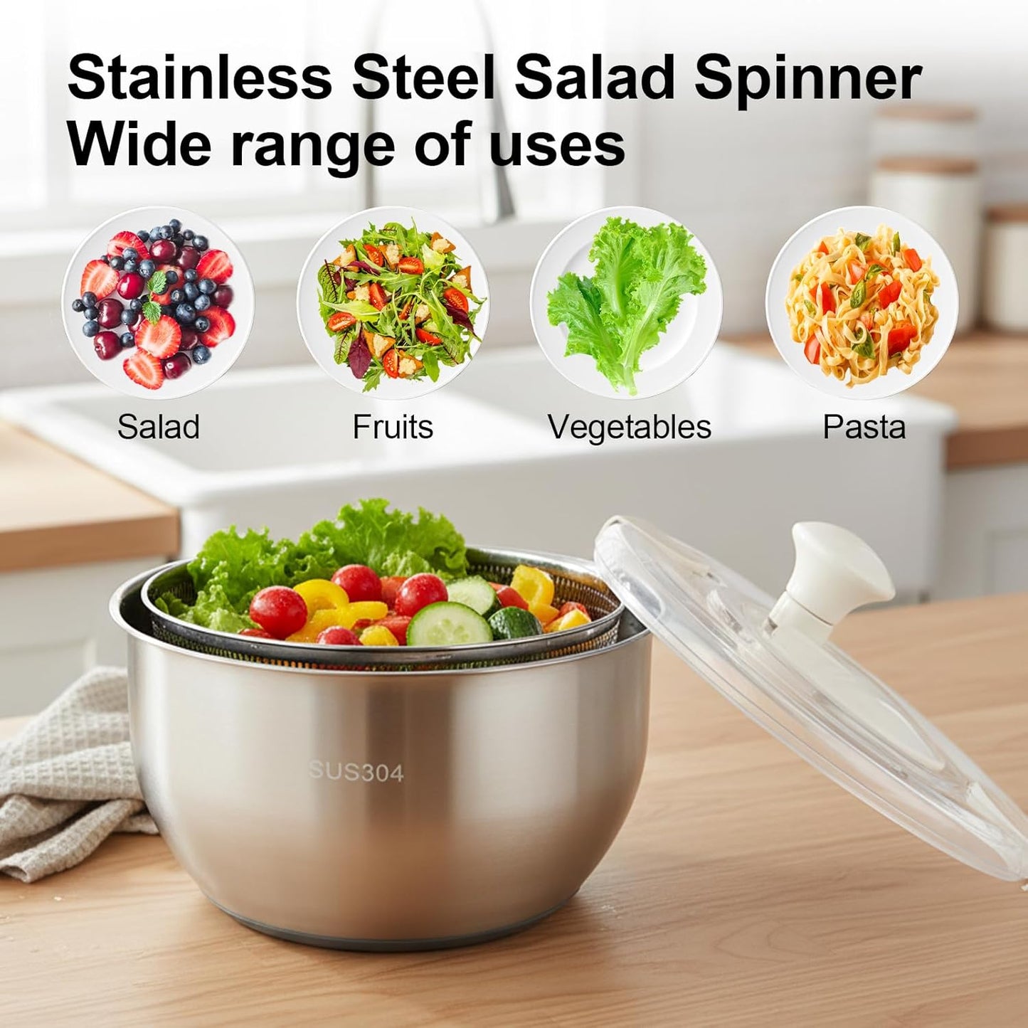 Stainless Steel Salad Spinner, Lettuce Spinner with Drain, fruit washer 6 QT with PP Cover Non-Slip Base, 3-in-1 Vegetable Wash Bowl for Dehydrating Lettuce, Fruits and Vegetables, Pasta