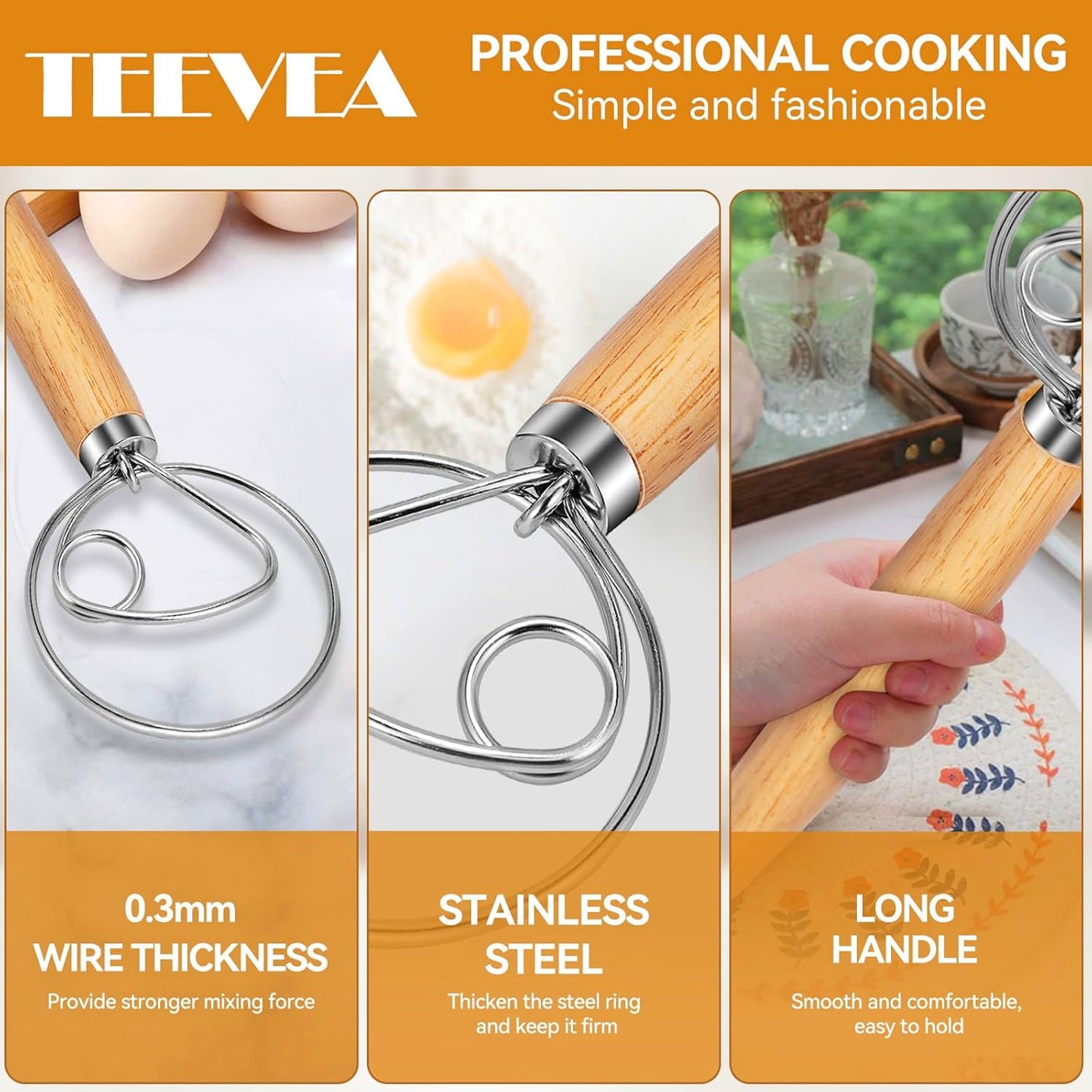 TEEVEA Danish Dough Whisk Stainless Steel for Sourdough Pizza and Bread Baking