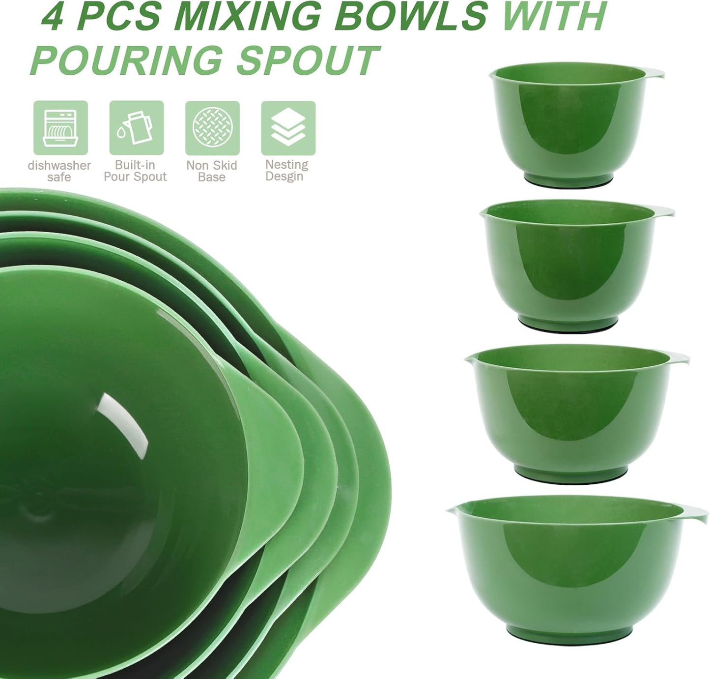 BoxedHome Green Ombre Nesting Plastic Mixing Bowl Set With Pour Spout, Microwave and Dishwasher Safe, BPA free Non-Slip Base, Set of 4 Size 1.7, 2.5, 3.5 and 4.5qt, Great for Prepping, Baking, Cooking