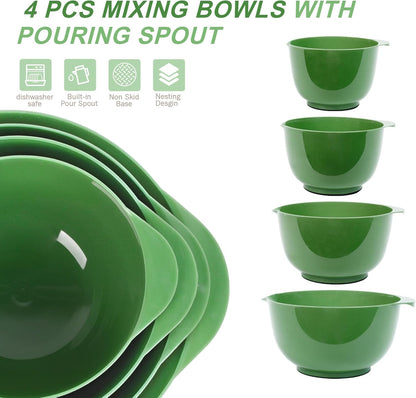 BoxedHome Green Ombre Nesting Plastic Mixing Bowl Set With Pour Spout, Microwave and Dishwasher Safe, BPA free Non-Slip Base, Set of 4 Size 1.7, 2.5, 3.5 and 4.5qt, Great for Prepping, Baking, Cooking