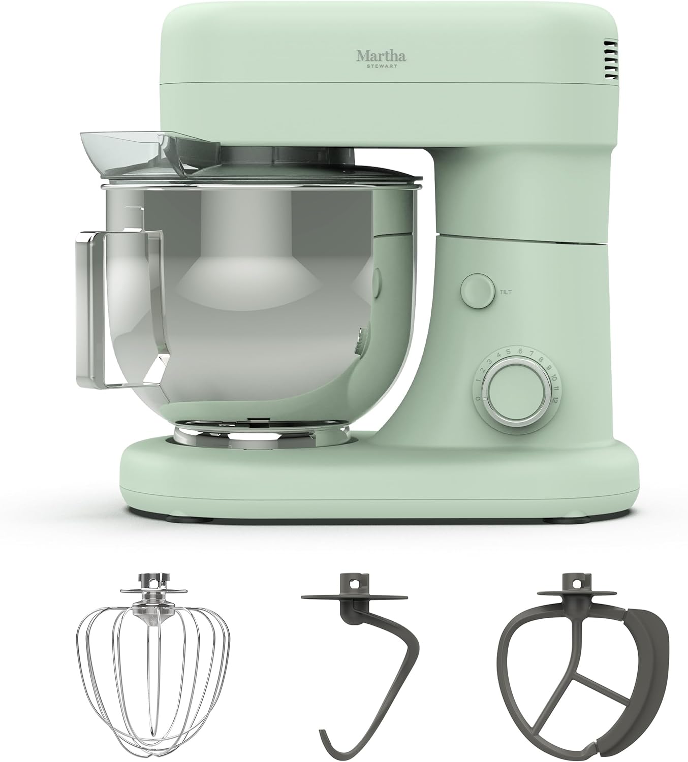 Martha Stewart Tilt-Head Stand Mixer, 12 Speed, 5.3QT Stainless Steel Bowl, Splash Guard with Pour Chute, Whisk, Dough Hook, Flat Beater, Electric Kitchen Baking Mixer, Bread, Cake, Whip, Sky Blue