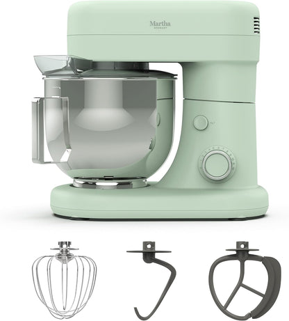 Martha Stewart Tilt-Head Stand Mixer, 12 Speed, 5.3QT Stainless Steel Bowl, Splash Guard with Pour Chute, Whisk, Dough Hook, Flat Beater, Electric Kitchen Baking Mixer, Bread, Cake, Whip, Sky Blue
