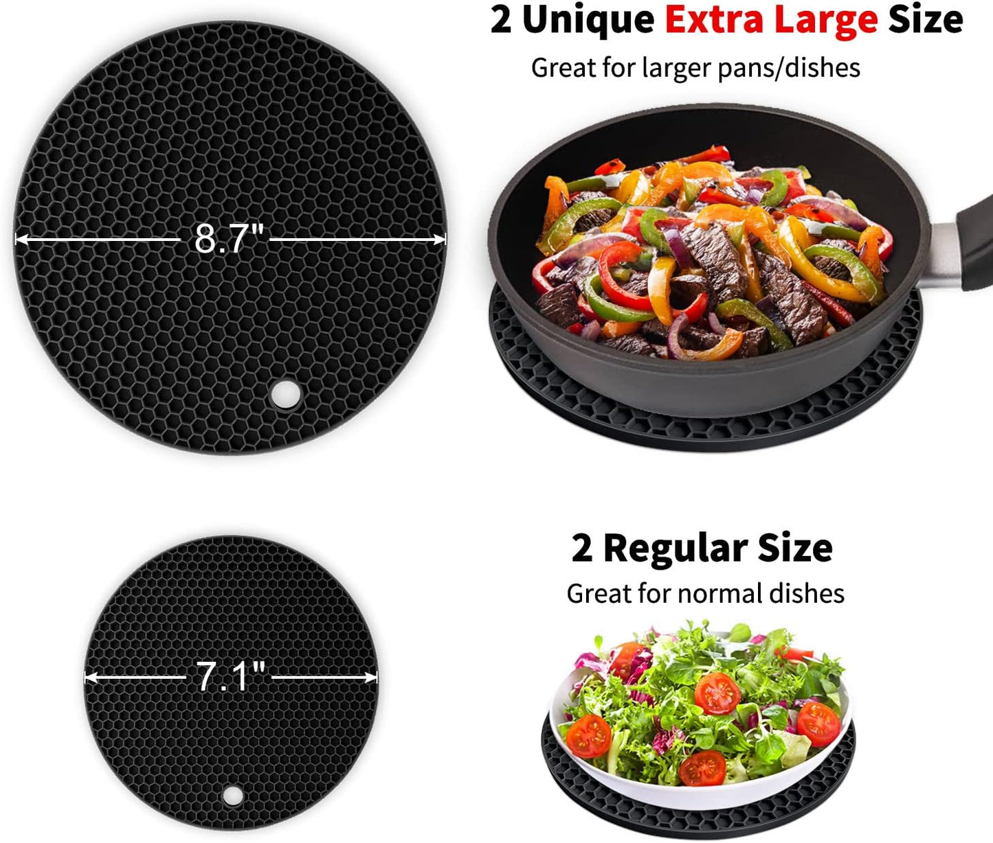 Walfos Silicone Trivet Mats - 4 Heat Resistant Pot Holders, Multipurpose Non-Slip Hot Pads for Kitchen Potholders, Hot Dishers, Jar Opener, Spoon Holder, Food Grade Silicone & BPA Free (Black)