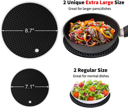 Walfos Silicone Trivet Mats - 4 Heat Resistant Pot Holders, Multipurpose Non-Slip Hot Pads for Kitchen Potholders, Hot Dishers, Jar Opener, Spoon Holder, Food Grade Silicone & BPA Free (Black)