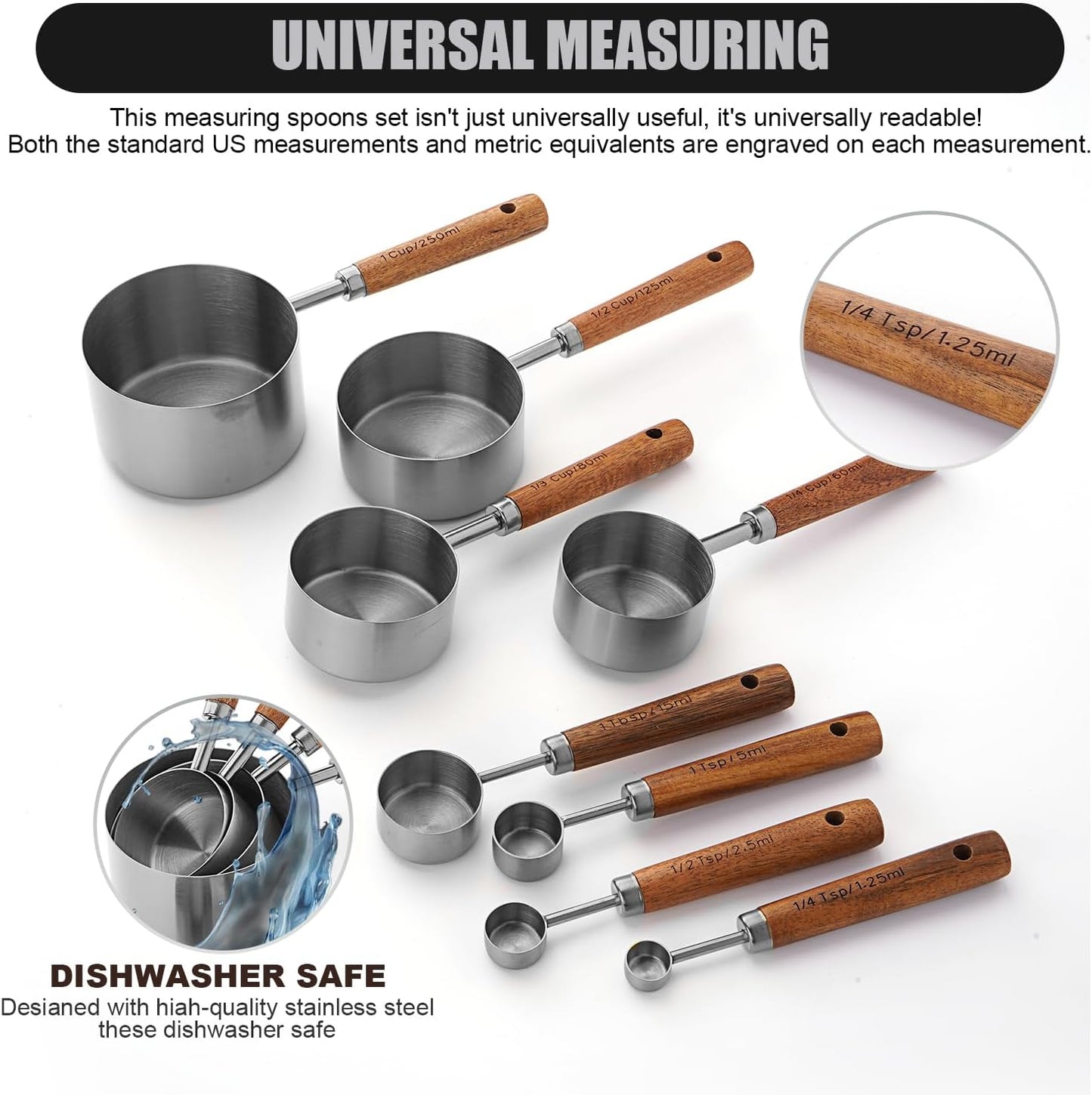 SHIKORI Gold Measuring Cups and Spoons Set with Wood Handles, Premium Stainless Steel Measuring Spoons and Measuring Cups Set-Gold