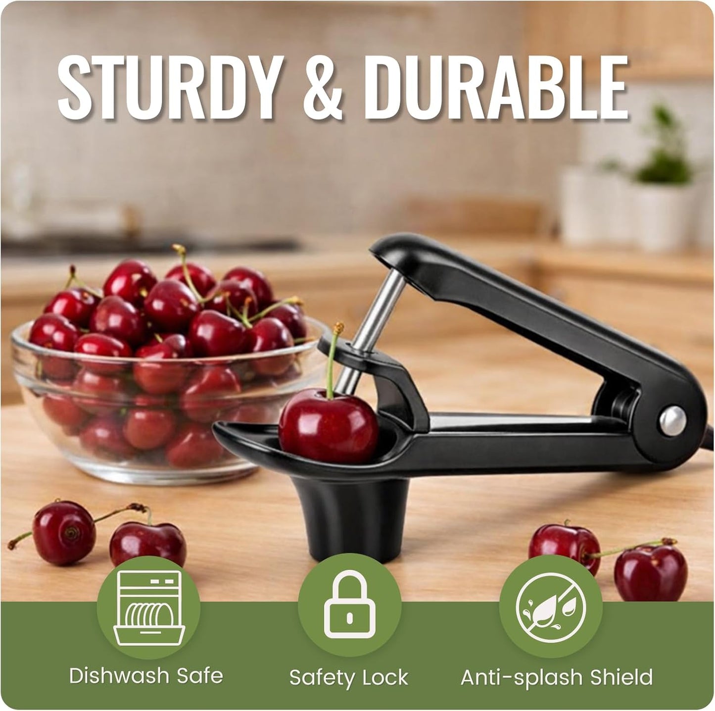 Cherry Pitter, Easy Pitting Cherry Stoner, Stainless Steel Cherries Corer Pitter Tool w/Silicone Cup, Safety Lock Design, Cherry Pit Remover Pitter for Quick, Mess-Free Pitting, Dishwasher Safe