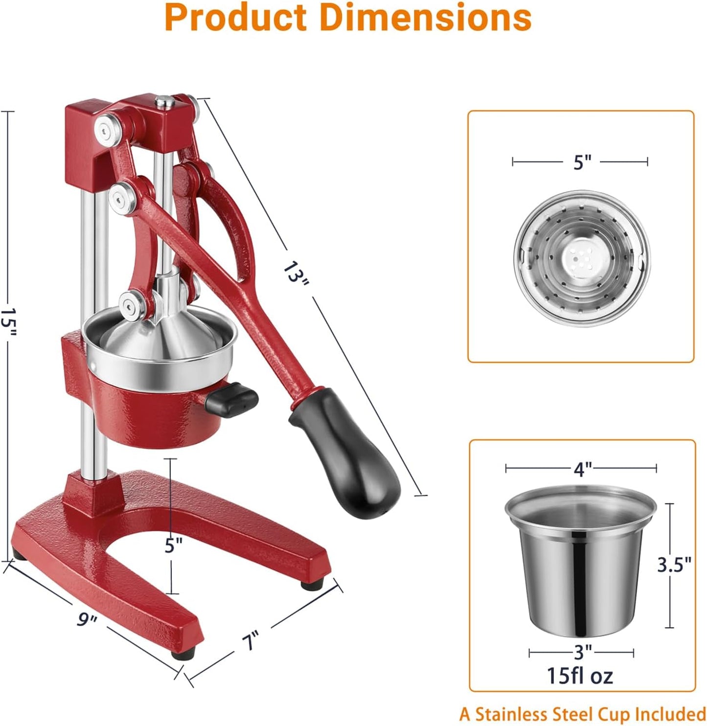 TONGCHANT Manual Juicer, Heavy Duty Cast Iron Juicer | Hand Press Juicer for Orange Lemon Lime Pomegranate & Citrus Fruits, High Leverage for Easy Juicing, Stainless Steel Cup, Easy to Clean, Black