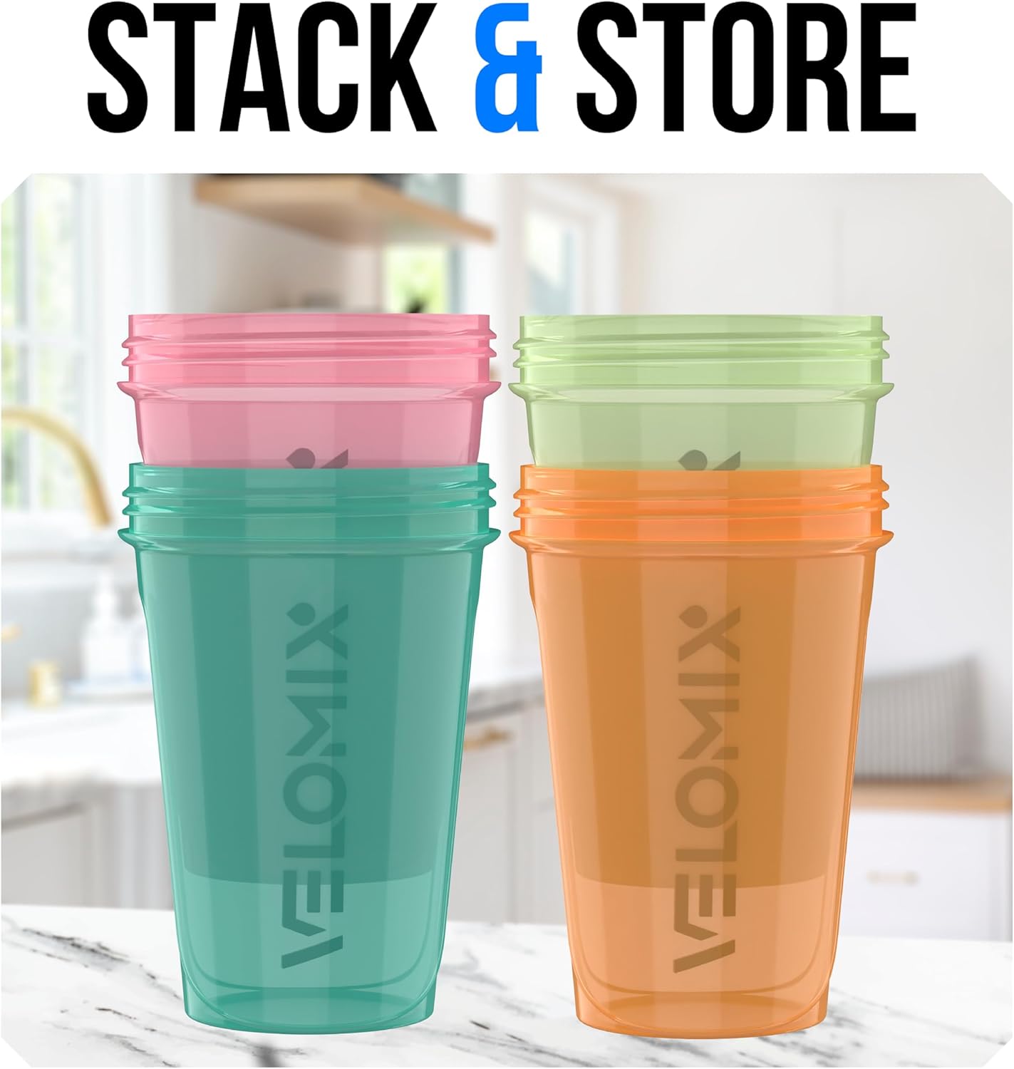 VELOMIX -4 PACK- 20 oz Protein Shaker Bottle for Protein Mixes - 4x Wire Whisk | Leak Proof Shaker Cups for Protein Shakes | Stackable Protein Shaker Bottle Pack | Dishwasher Safe (Blue Mirage)