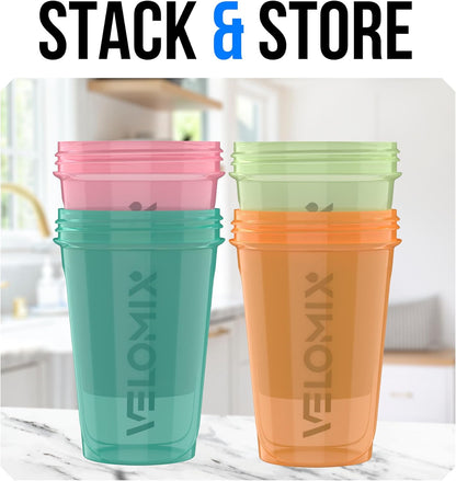 VELOMIX -4 PACK- 20 oz Protein Shaker Bottle for Protein Mixes - 4x Wire Whisk | Leak Proof Shaker Cups for Protein Shakes | Stackable Protein Shaker Bottle Pack | Dishwasher Safe (Blue Mirage)