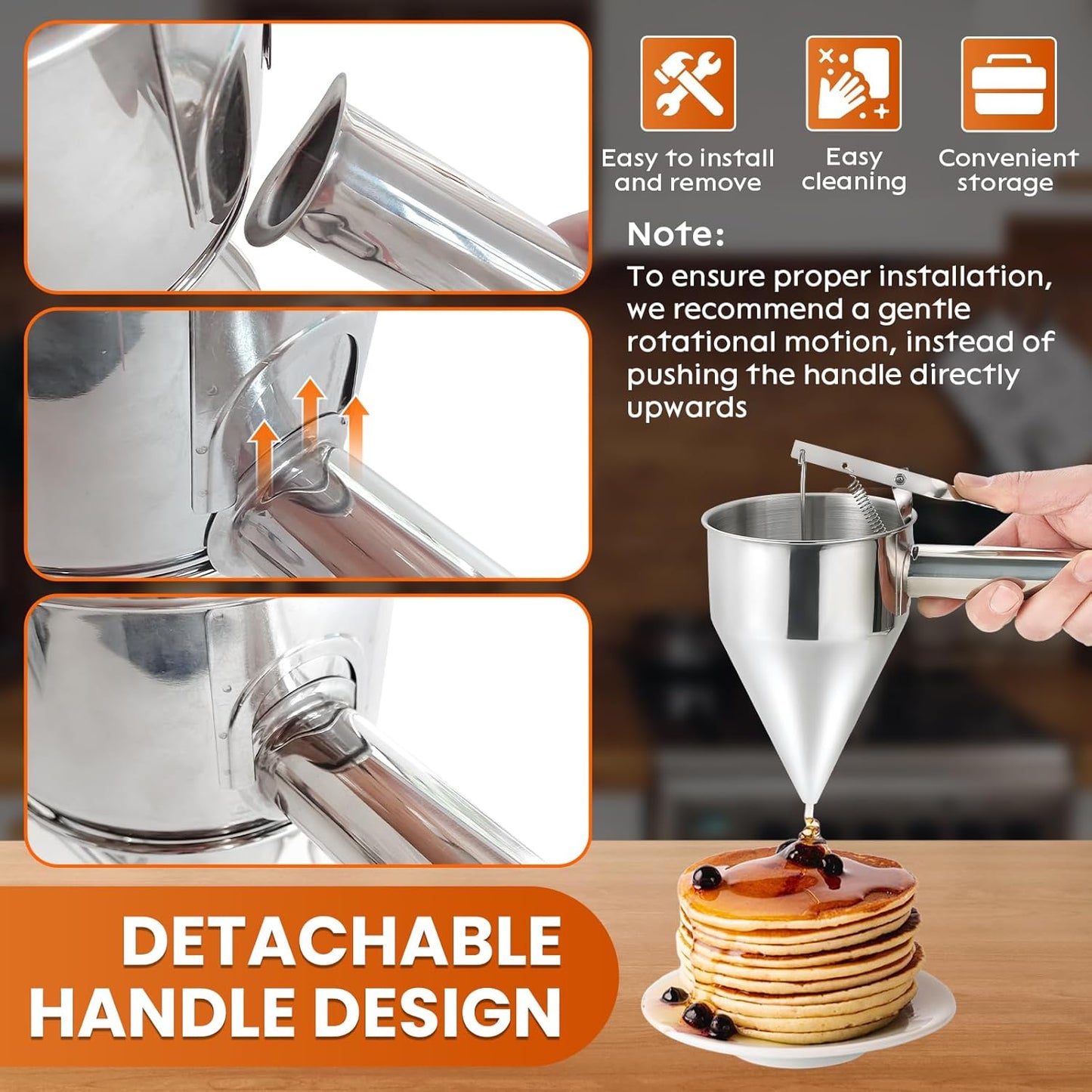 1200ML/40OZ Stainless Steel Pancake Batter Dispenser, Piston Funnel Dispenser with Stand Detachable Handle for Takoyaki Baking Cake Desserts with 4PCS Nozzles