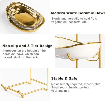 Fruit Bowl for Kitchen Counter, 3 Tier Ceramic Fruit Basket with Metal Stand, Tiered Fruit Stand for Countertop, Modern Multi Serving Bowl for Party Dessert, Vegetable, Snack