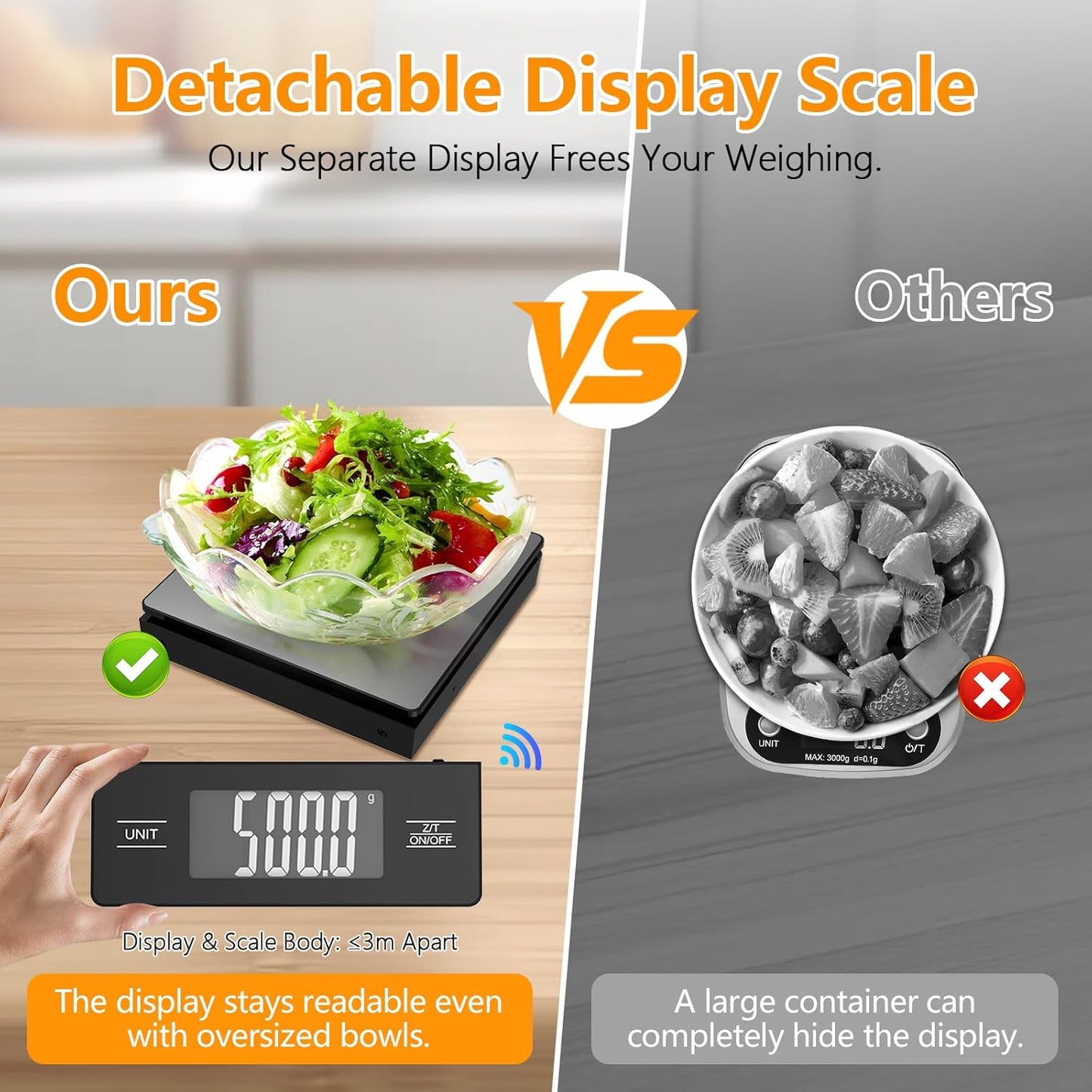 Kitchen Scale with Detachable Display Wireless Stainless Steel Digital Food Scale, 11lb/5kg, 1g Precision, Backlit LCD, Tare Function for Baking, Coffee Brewing & Cooking, Metallic/Black