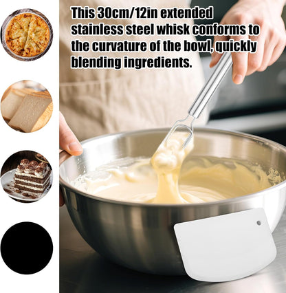 Danish Dough Whisk for Sourdough Starter, 30cm/12in Stainless Steel Dutch Bread Whisk & Dough Hook Mixer Tool Reaches Jar Bottom for Pizza Cooking Baking Dishwasher Safe