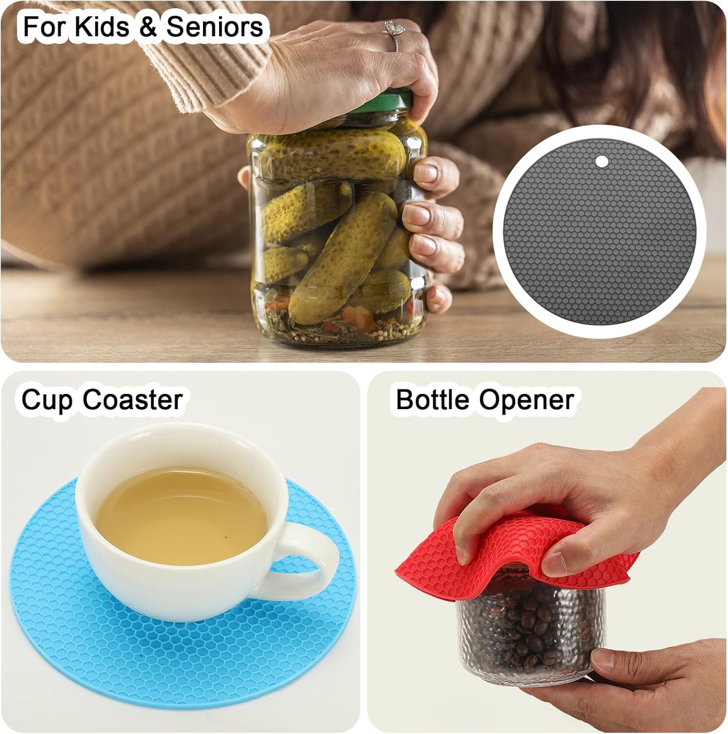 uxcell 4pcs Silicone Jar Opener Pads, 17.5cm/7" Texture Can Opener Multipurpose Round Bottle Lid Opener Non-Slip Coasters for Weak Hands Seniors Children, Black