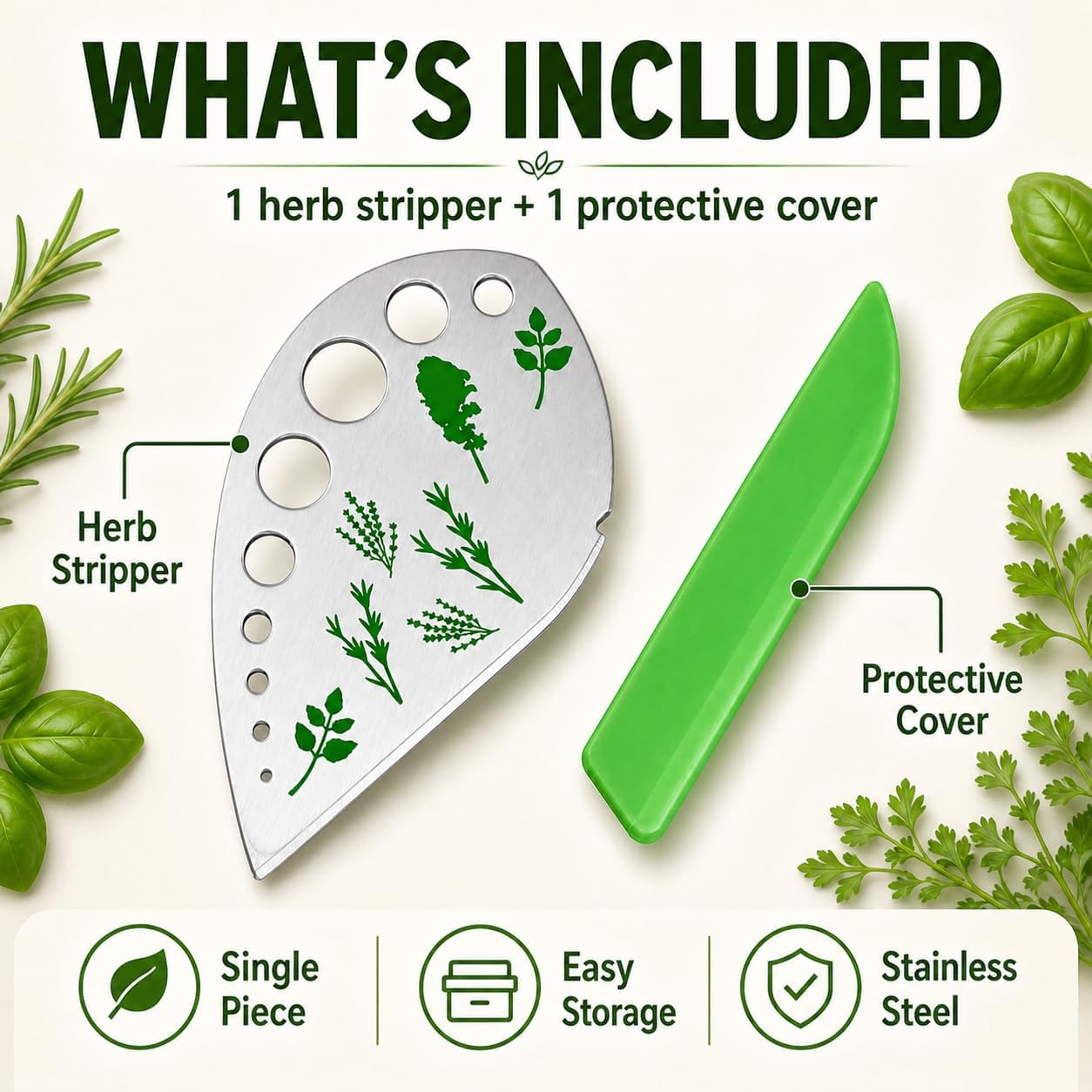 Stainless Steel Herb Stripper, 9-Hole Leaf Remover Tool for Kale, Thyme & Rosemary, Graduated Herb Stripping Tool with Protective Cover for Kitchen, Durable Metal Gadget for Greens