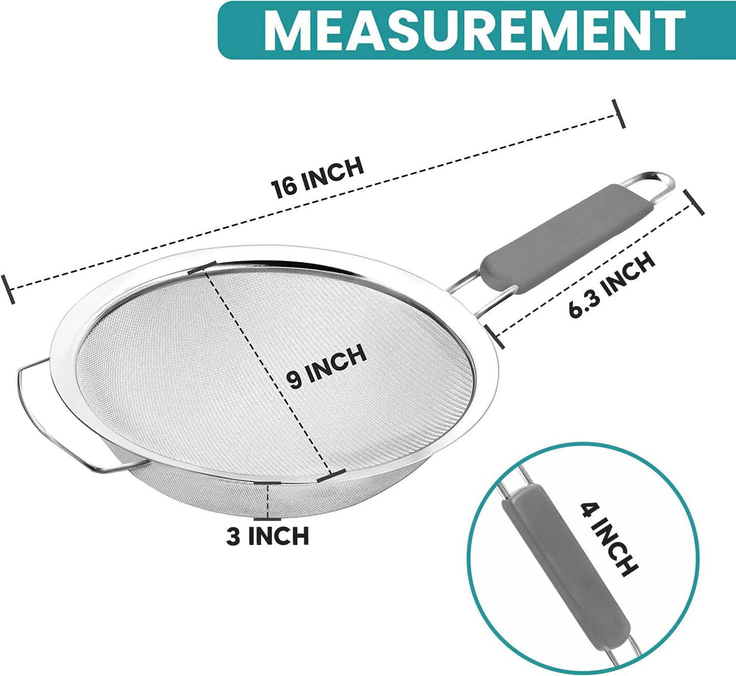 8" Large Fine Mesh Strainer with thermo plastic rubber handle - Sieve Fine Mesh Stainless Steel - Ideal to Strain Pasta, Quinoa and Rice.