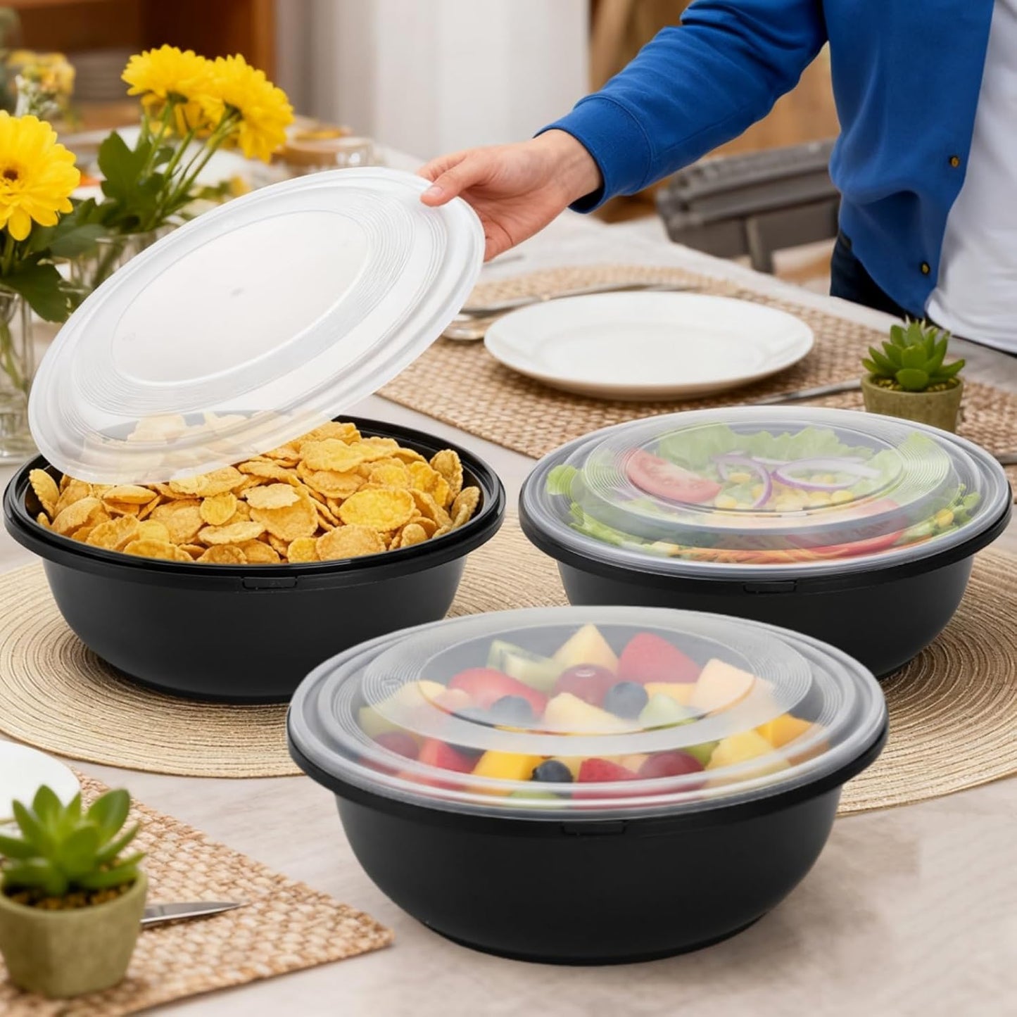 ZAVOOS 8 Pack Plastic Serving Bowls with Lids, 165 Oz Large Mixing Bowl with Non Slip Base, Round Food Storage Container for Christmas Party, Kitchen Prepping Baking Cooking, Microwave Freezer Safe