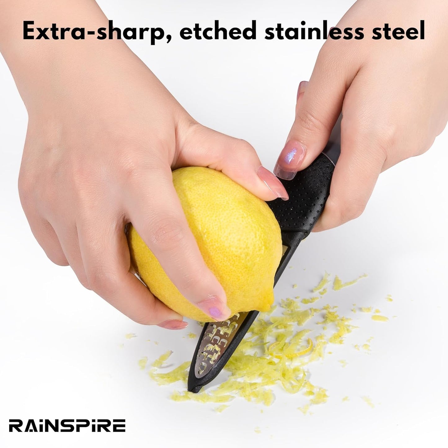 Rainspire Lemon Zester Tool with Channel Knife, Stainless Steel Citrus Zester Tool, Lemon Peeler, Zesters for Kitchen, Ultra Sharp 2-in-1 Tool Easily Creates Citrus Zest (Black)