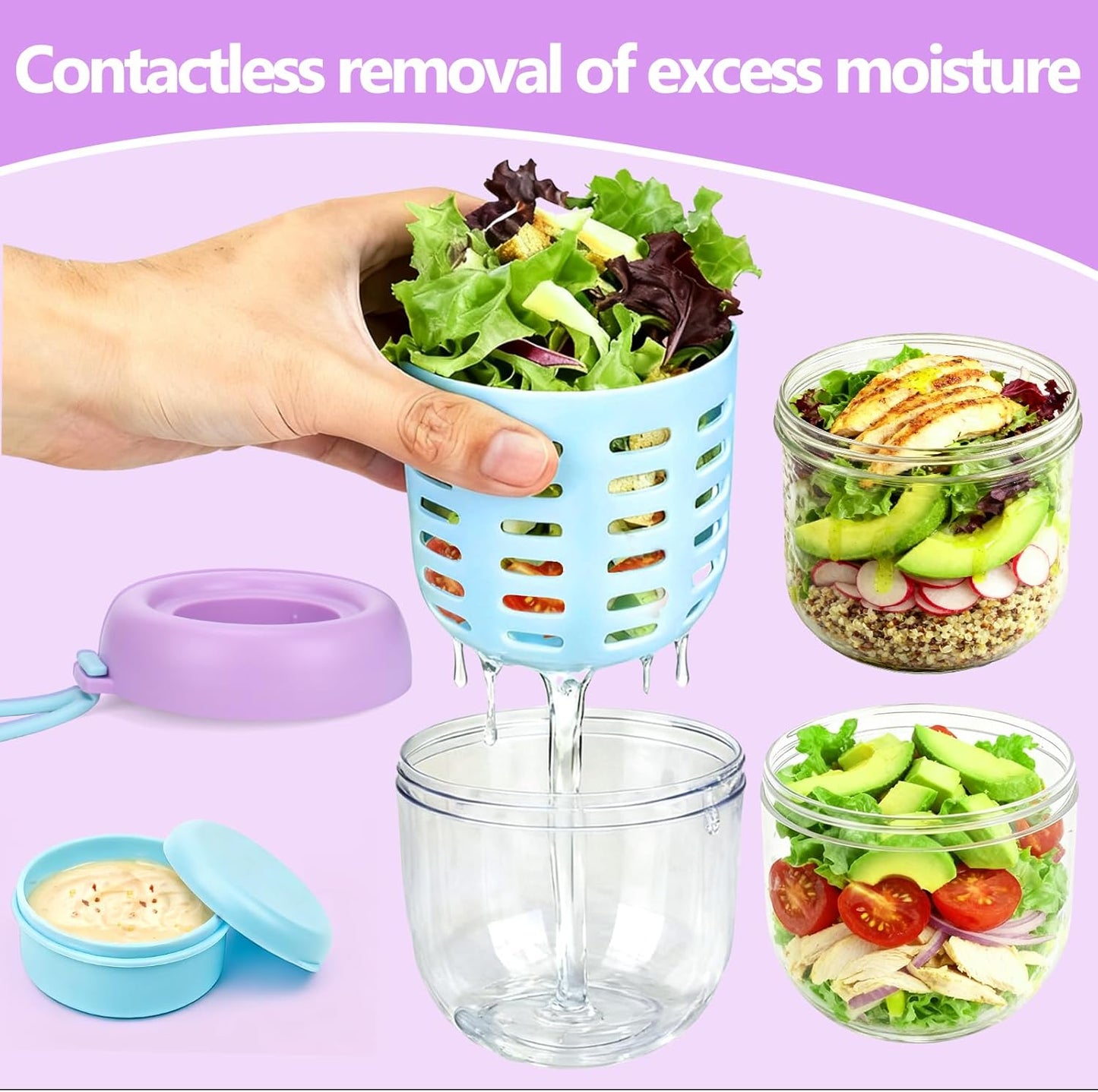 Mity rain Salad Pod with Dressing Container, Salad Jar with Inner Layer & Spoon, Salads Jars Pods with Lids, Microwave/Dishwasher/Freezer Safe Ideal for Meal Prep Office Home Travel