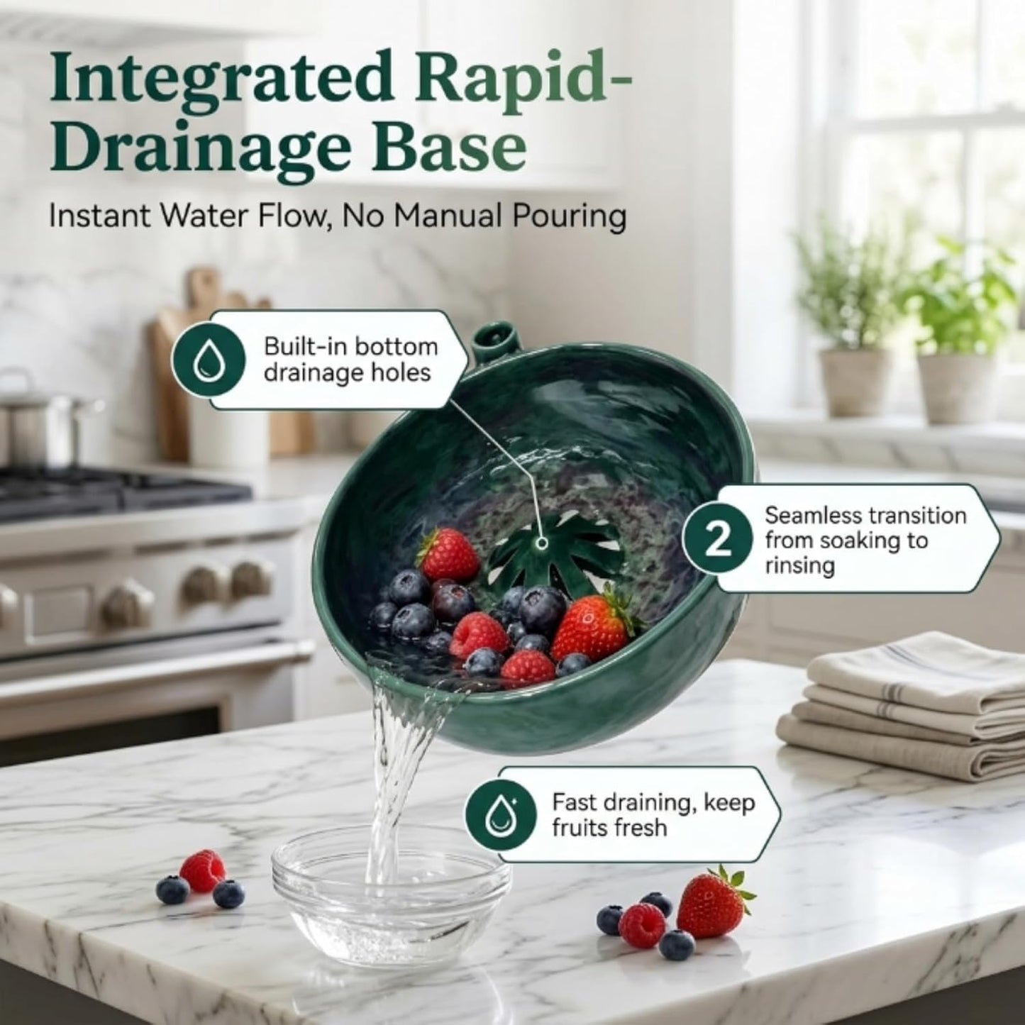 Self Spinning Berry Washing Bowl, Automatic Berry Rinse Bowl with Vortex Washing, 360-Degree Fruit Washer Colander with Built-in Drain Holes for Kitchen, Berries, Grapes and Vegetables (1Pc)