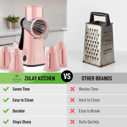 Zulay Kitchen Rotary Cheese Grater 5 Blade Cheese Shredder - Manual Hand Crank Cheese Grater With Reinforced Suction & 5 Interchangeable Drums - Easy to Use, Vegetable Chopper Round Mandoline Slicer - Colors B