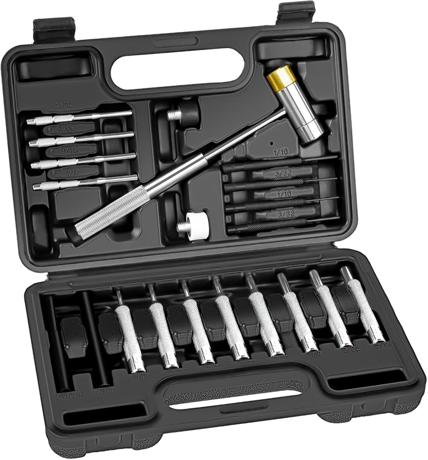BESTNULE Punch Set, Pin Punches, Punch Tool, Roll Pin Punch Set, Made of High Quality Metal Material Including Punches and Hammer, Mechanical Repair Tool, with Organizer Storage Box (with Bench Block)