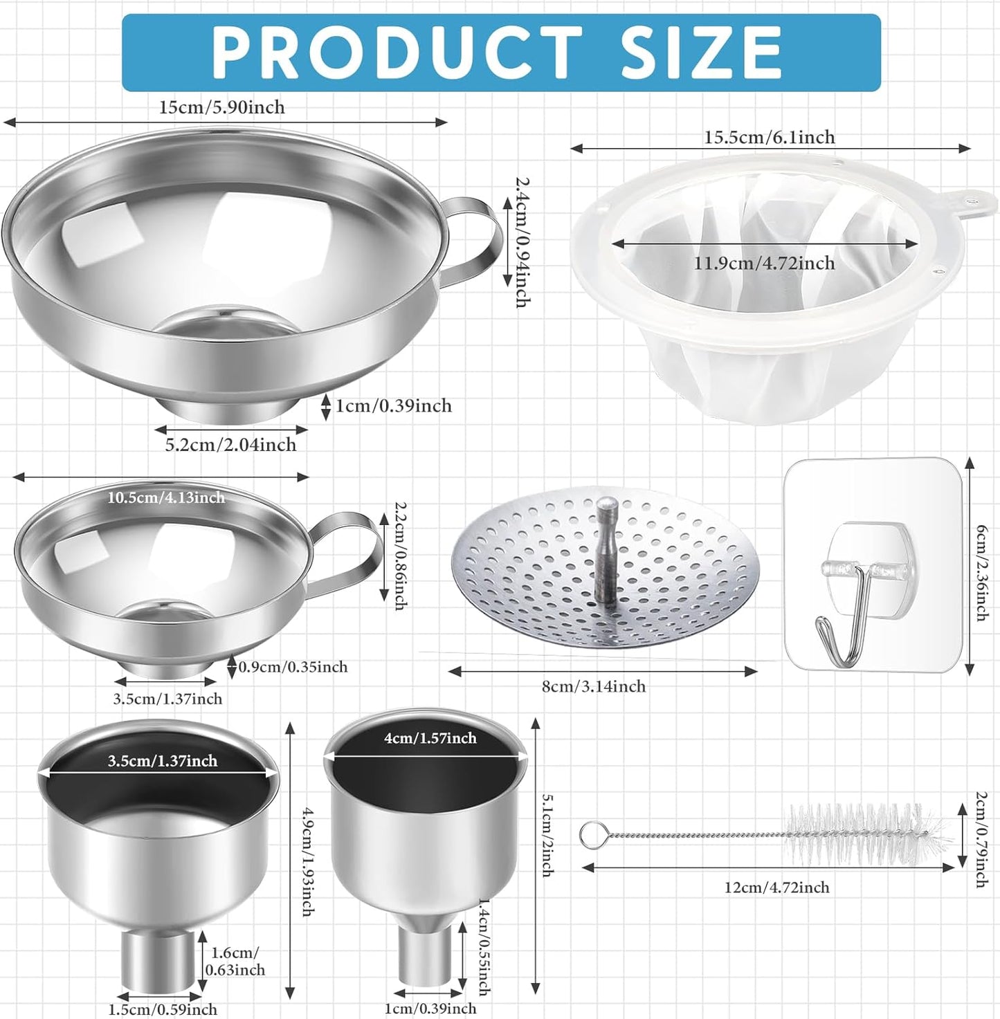 Gejoy 12 Pcs Metal Canning Funnels Set Wide Mouth Mason Jar Funnels for Filling Stainless Steel Kitchen Filter with Strainer Mesh Filter Brushes and Adhesive Hooks, Silver