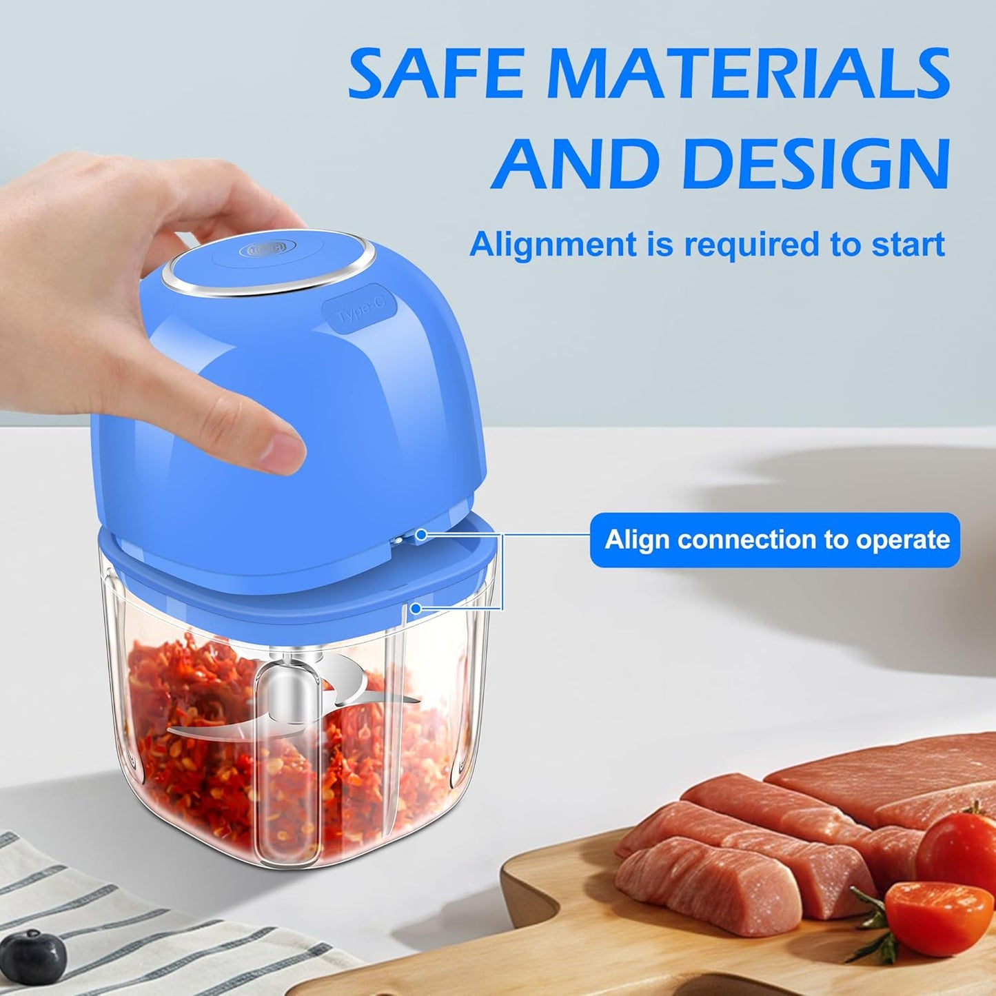 450ML (1.8 Cup) Electric Garlic Chopper, Mini Portable Food Processor, Garlic Grinder Masher for Onion, Ginger, Chili, Fruit, Vegetable, Meat