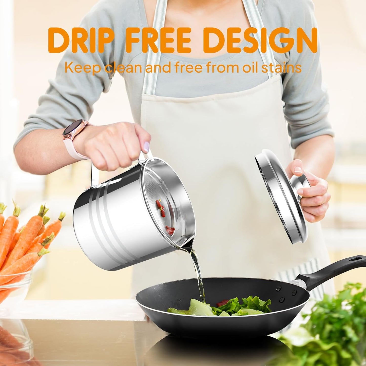 Chihee Grease Container Stainless Steel Bacon Grease Saver with Fine Mesh Strainer 2L / 67.6 fl oz Cooking Oil Keeper Stoarge Can with Dust-proof Lid Non-slip Tray for Kitchen Frying