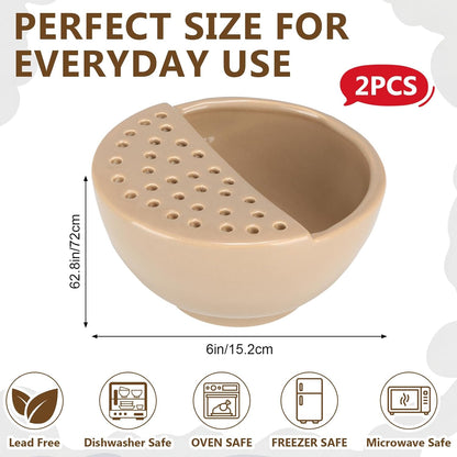 Hushee Ceramic Berry Basket with Holes Set of 2 Ceramic Fruit Container 2 In 1 Washing Bowl 6'' Strainer Bowl Fruit Bowls Colander for Kitchen Strawberry Grape Cherry Stoneware Fridge Harvest Bowls