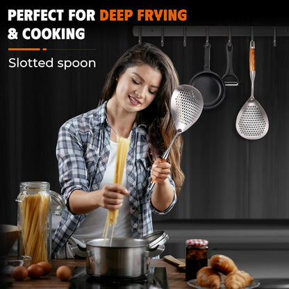 MARTE Skimmer Slotted Spoon Set of 4 - Kitchen Pasta Strainer Spoon - Spider Strainer Skimmer Ladle Spoon with Holder for Cooking and Frying Food, Spaghetti, Vegetable, Dumpling - 14.8In,16.5In,17In