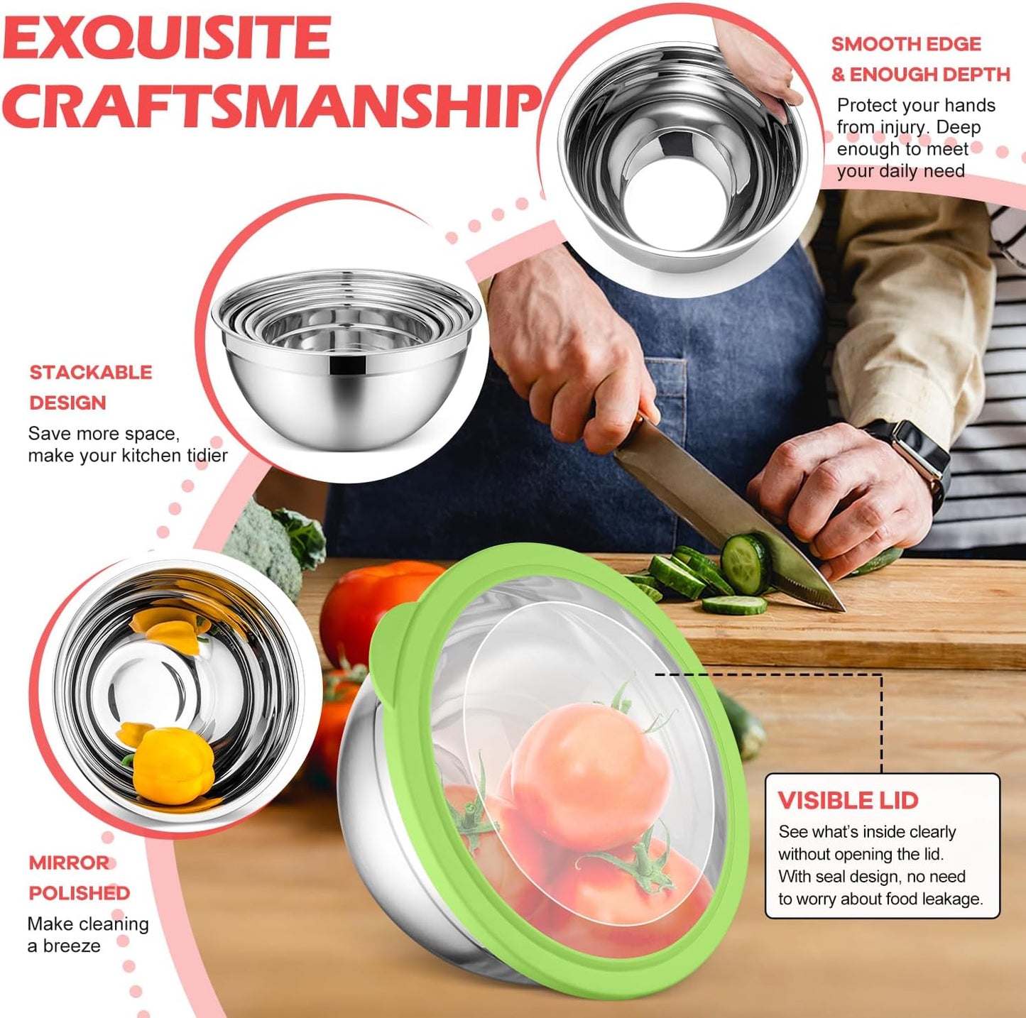 E-far Stainless Steel Mixing Bowls with Airtight Clear Lids Set of 7, Metal Nesting Bowls for Kitchen Prep, Baking, Cooking, Serving, Salad, Dishwasher Safe, Size 4.6, 3.5, 3, 2, 1.5, 1, 0.7QT, Khaki