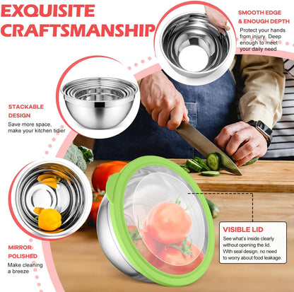 E-far Stainless Steel Mixing Bowls with Airtight Clear Lids Set of 7, Metal Nesting Bowls for Kitchen Prep, Baking, Cooking, Serving, Salad, Dishwasher Safe, Size 4.6, 3.5, 3, 2, 1.5, 1, 0.7QT, Khaki