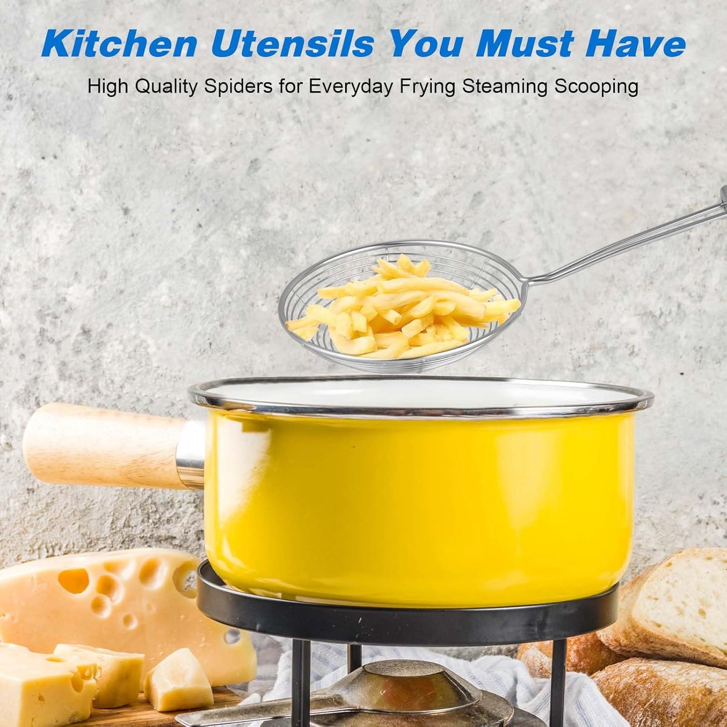 Steel Spider Strainer Skimmer Ladle, Spoon Spider Skimmers Kitchen Gadgets Wire Pasta Strainer for Kitchen Cooking and Frying