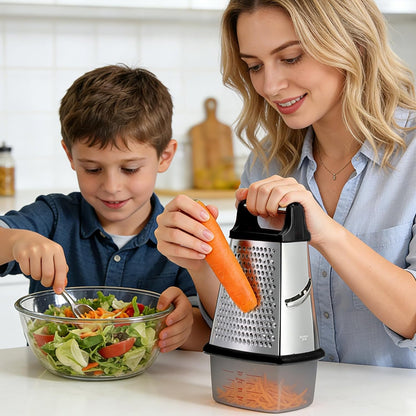 Ourokhome Cheese Grater, Handheld Box Grater with Container & Lid, 4-Sided Stainless Steel for Kitchen, Wavy Julienne, Slicer, Coarse Shred & Fine Zester, Non-Slip Base, Dishwasher Safe, 8 Inch