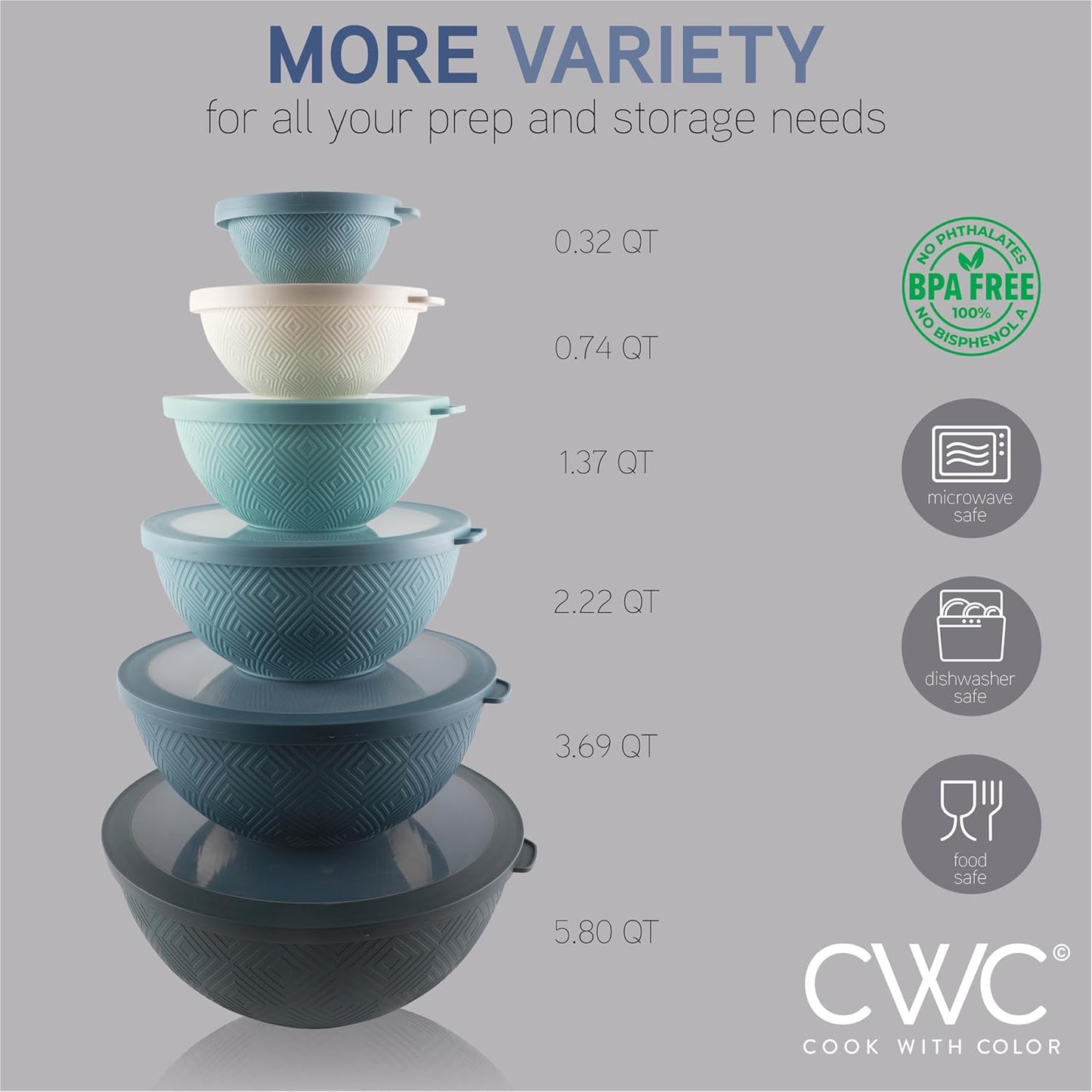 COOK WITH COLOR Mixing Bowls with Lids - 12 Piece Plastic Nesting Bowls Set includes 6 Prep Bowls and 6 Lids, Microwave Safe Mixing Bowl Set, Sage Embossed - Colors B