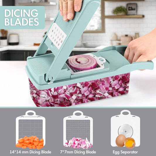 Ourokhome Vegetable Chopper Onion Cutter, 14 in 1 Professional Mandolin Slicer for Kitchen, Multifunctional Food Chopper for Potato, Tomato, Veggie with Strainer Basket, 10 Blades, Gray