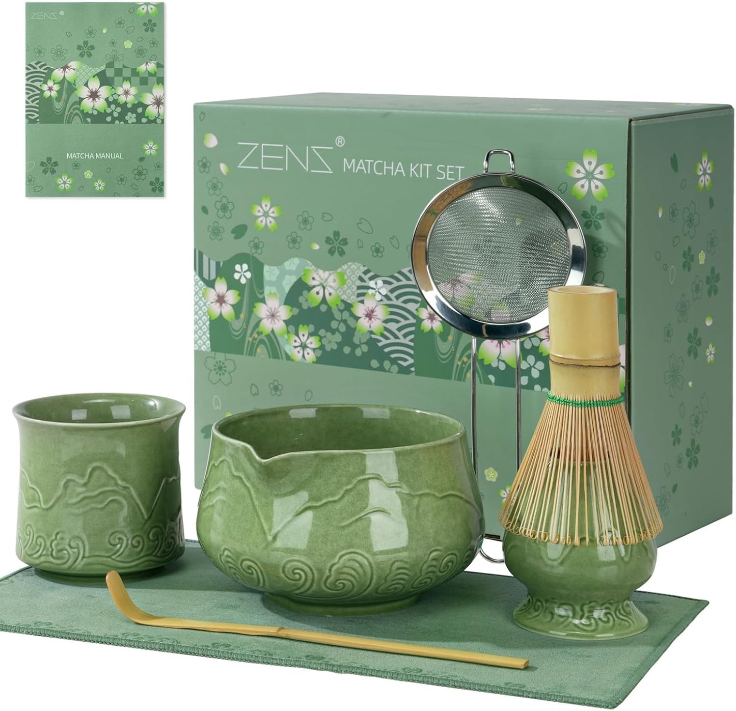 ZENS Pink Matcha Set, Matcha Whisk Set Includes 15oz Ceramic Bowl & (Chasen Holder), Bamboo Whisk & Scoop, Sifter and Pink Tea Towel, 6pcs Matcha Kit for Matcha Lovers
