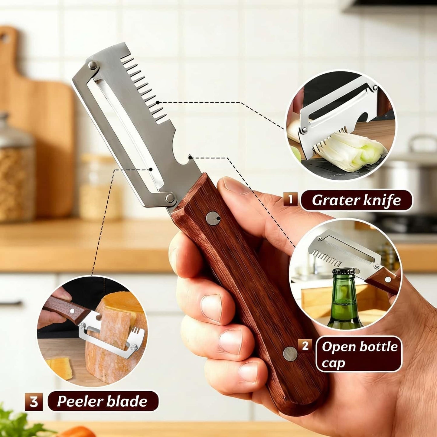 2 in 1 Serrated Peeling Knife, Multi-functional Vegetable Peeler for Kitchen, 2026 New Stainless Steel Peeler with Wooden Handle and Bottle Opener