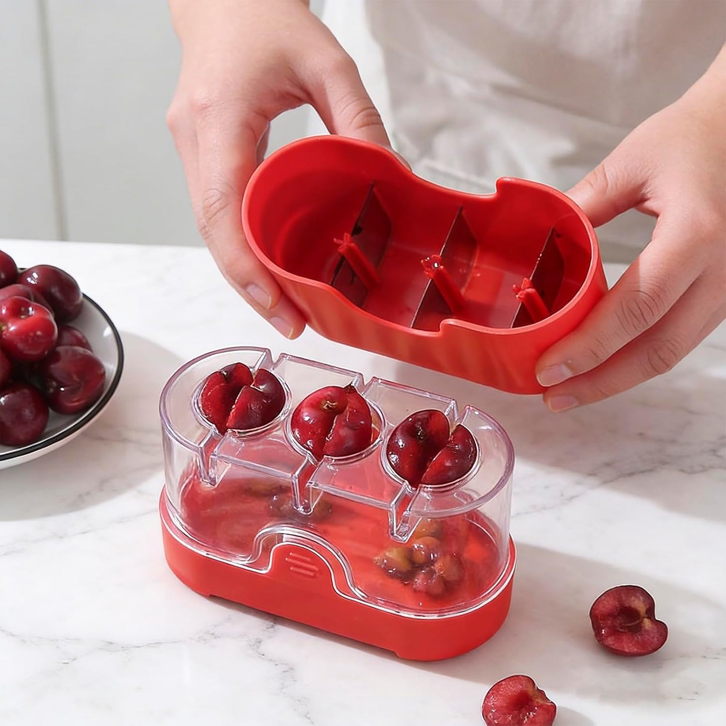 3-in-1 Cherry Pitter and Slicer, Manual Cherry Core Remover Tool Cuts Cherries in Half, for Kitchen Baking Making Cherry Jam Saving Time & Effort(Red)