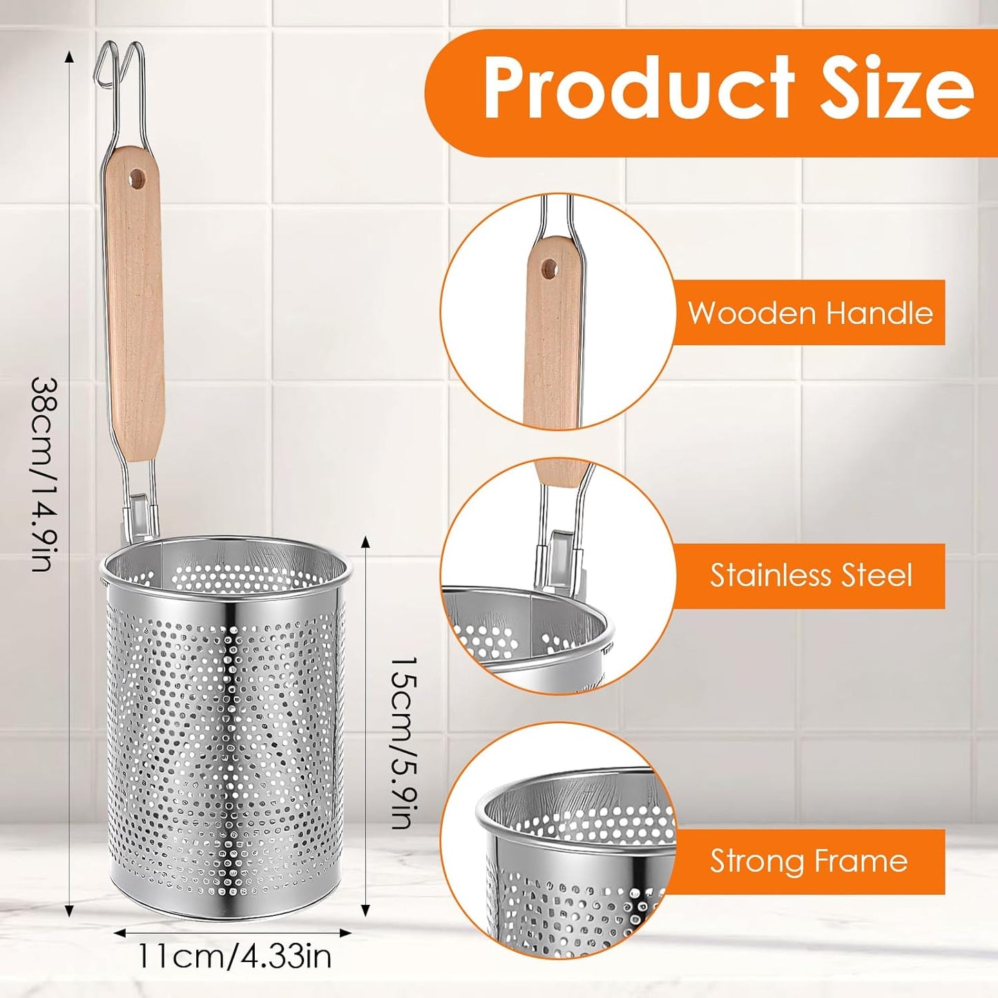 4pcs Pasta Strainer 15'' × 5.5'' Stainless Steel Pasta Basket Mesh Cooker with Wood Handle Kitchen Mesh Spider Noodle Strainer Skimmer for Boiling Food Dumpling Noodle Blanching Basket