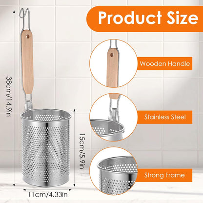 4pcs Pasta Strainer 15'' × 5.5'' Stainless Steel Pasta Basket Mesh Cooker with Wood Handle Kitchen Mesh Spider Noodle Strainer Skimmer for Boiling Food Dumpling Noodle Blanching Basket